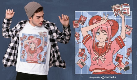 Anime girl with comic books t-shirt design
