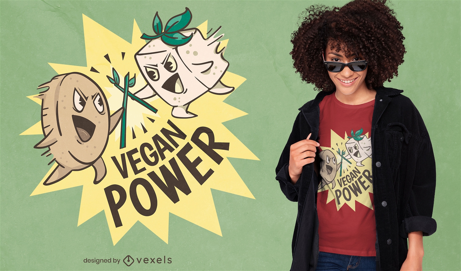 Diseño de camiseta de personajes de poder vegano.