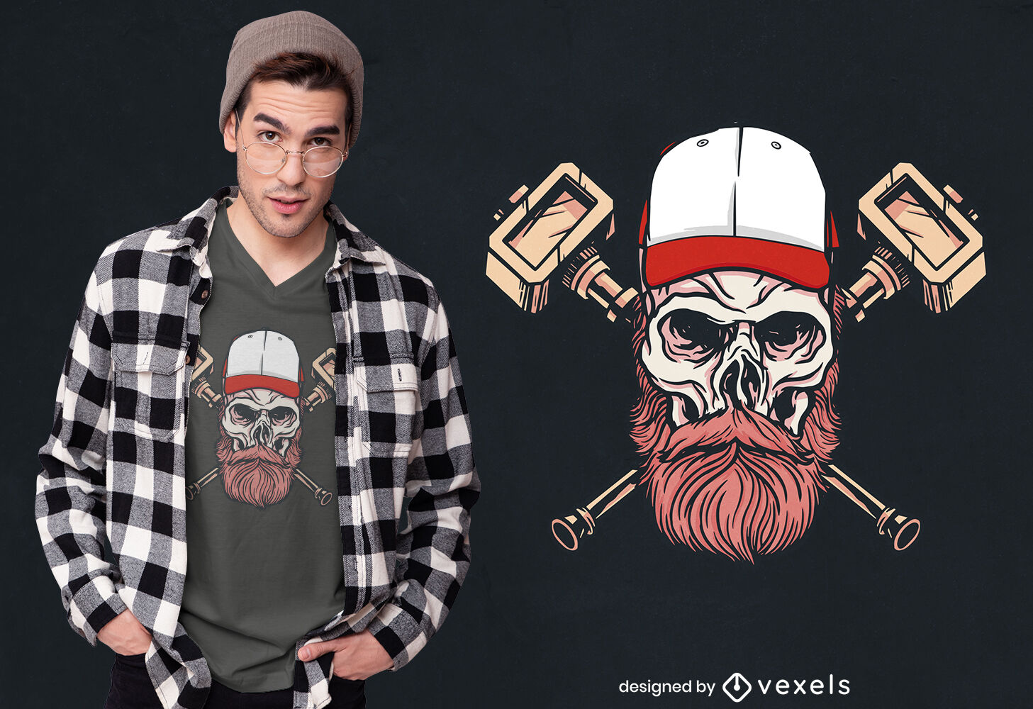 Crânio humano com design de camiseta barba