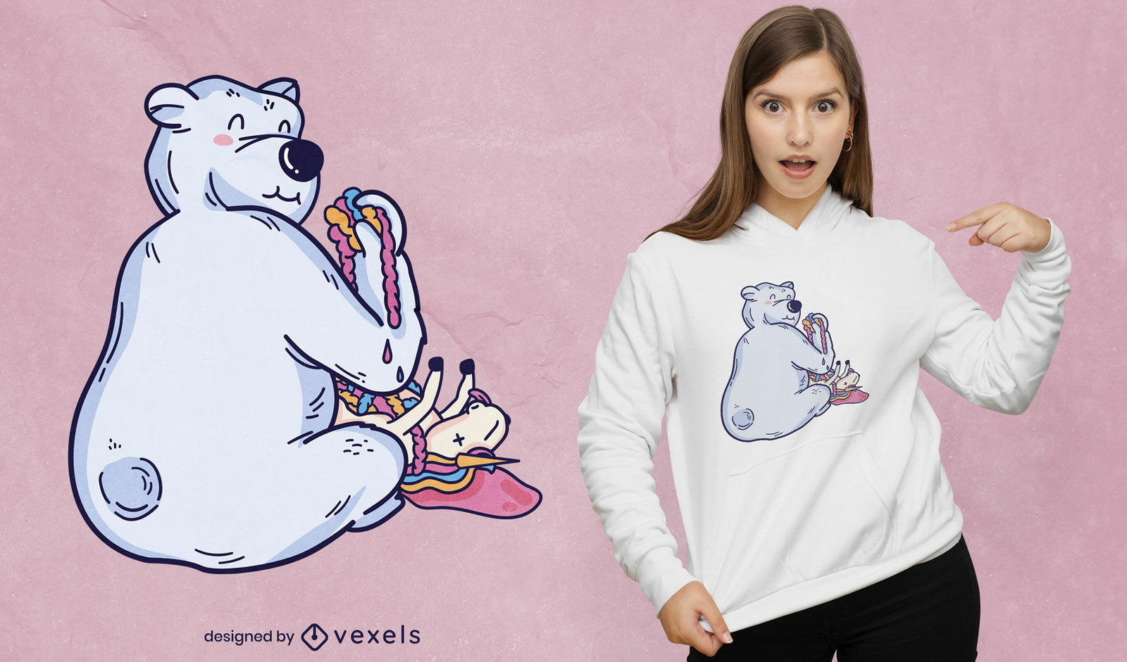 Desenho de camiseta de urso polar feliz comendo unicórnio