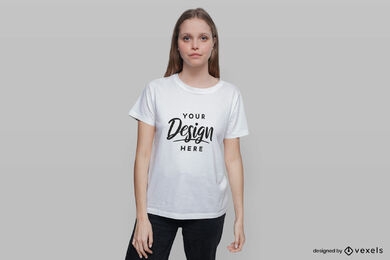 Woman in white t-shirt mockup with flat background