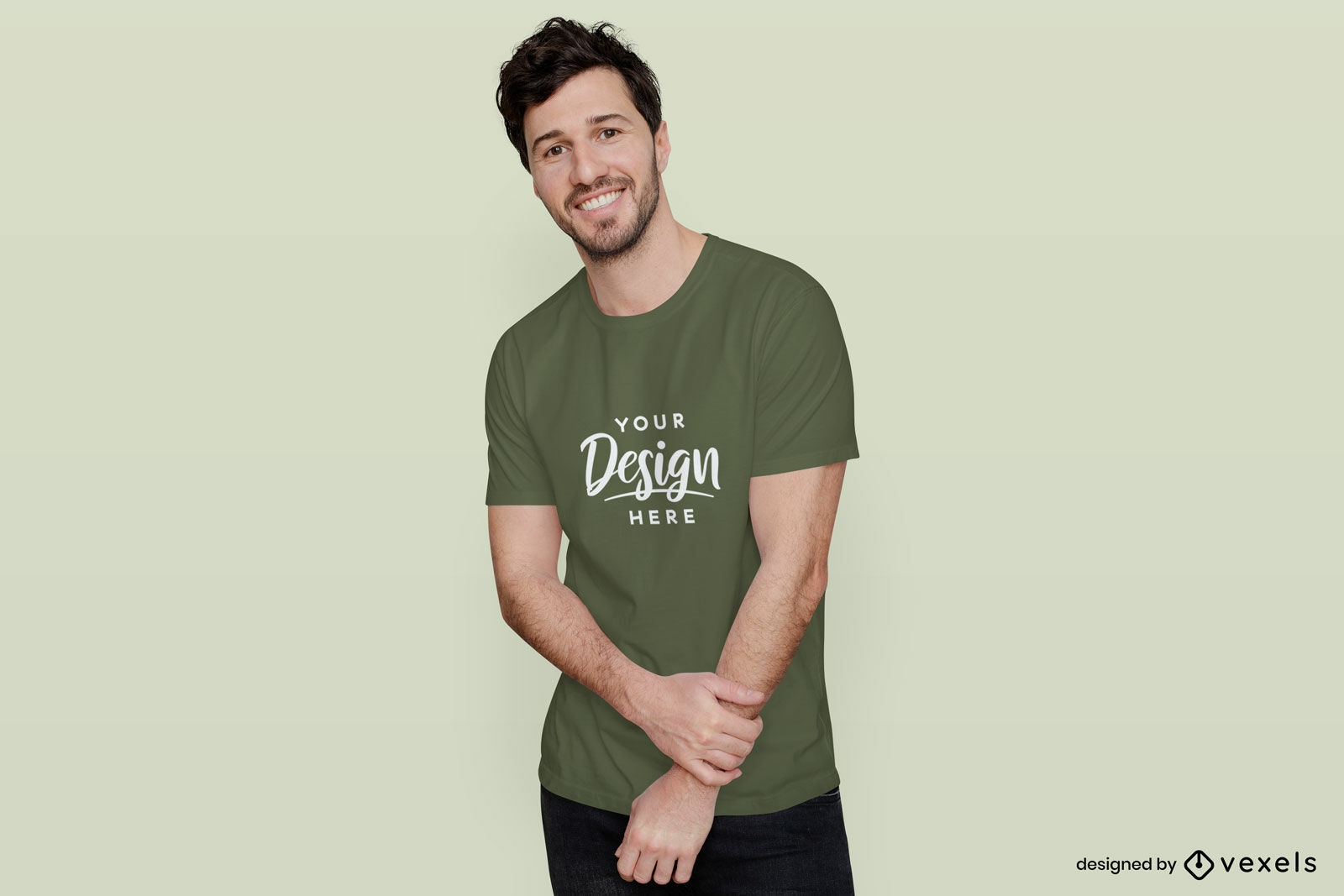 Man in green t-shirt with flat background mockup