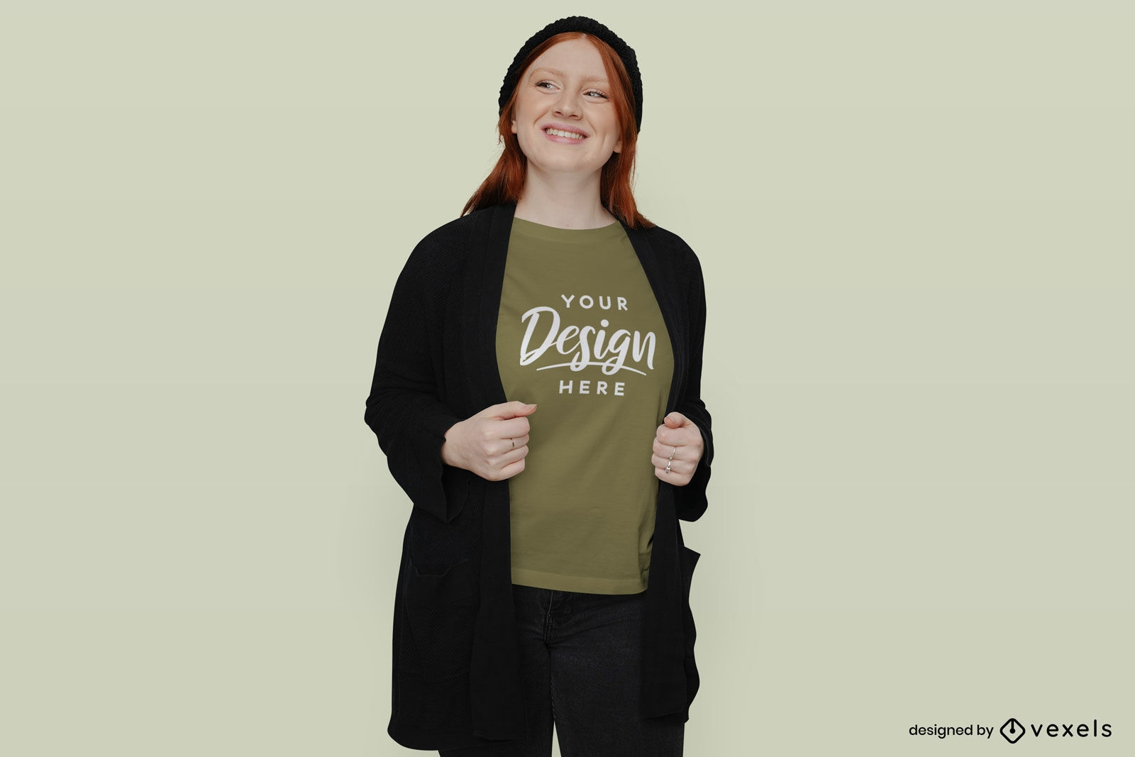 Woman in green t-shirt with black jacket mockup