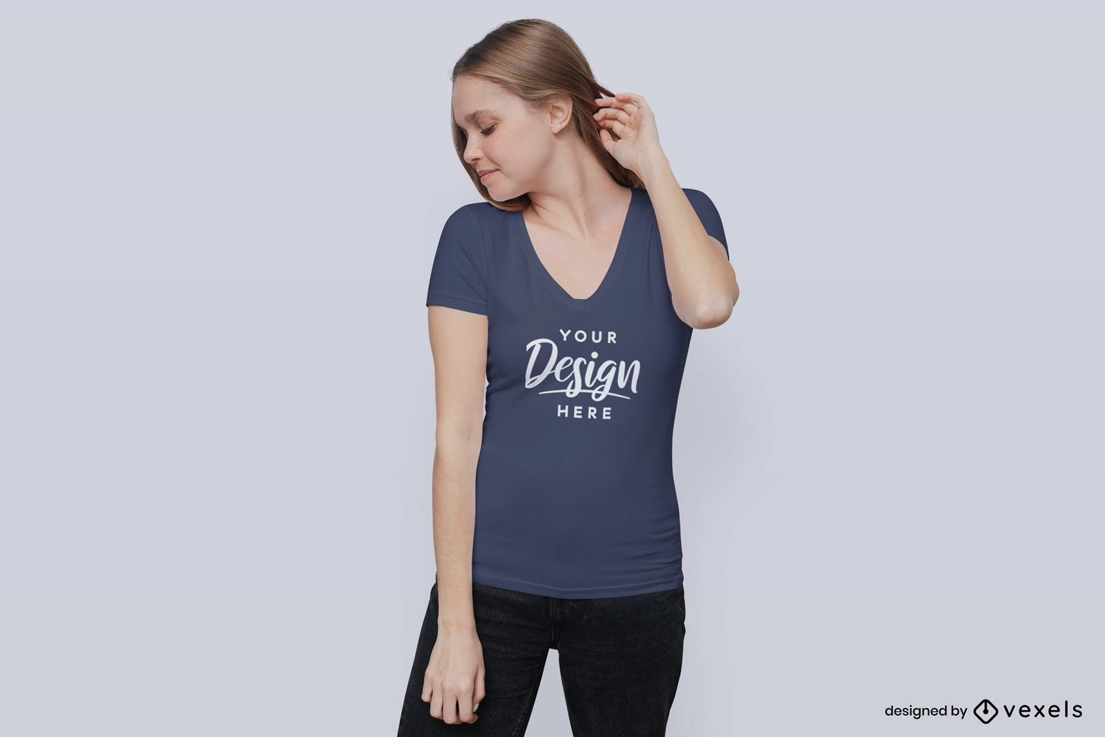 Woman in blue t-shirt mockup with flat background
