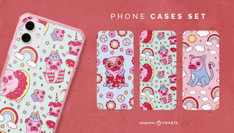 Conjunto de capa de telefone animal cão pug fofa