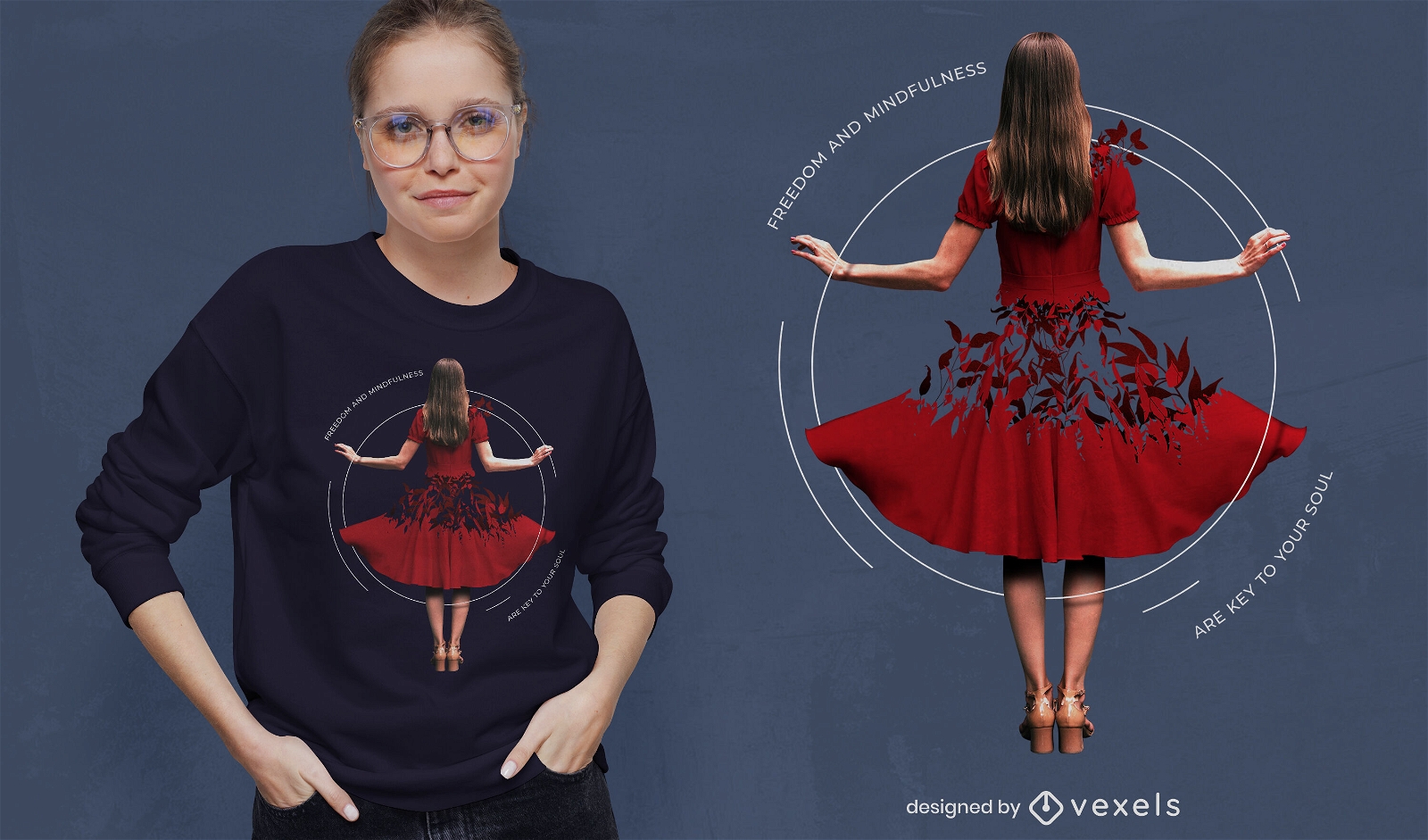 Woman in red dress of leaves t-shirt psd