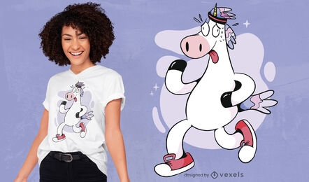Diseño de camiseta de dibujos animados unicornio corriendo