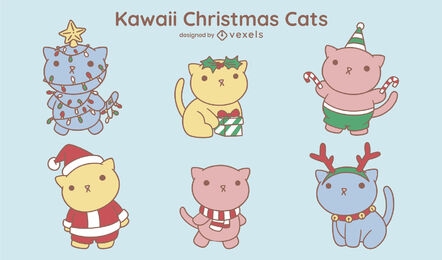 Cat with Christmas decorations kawaii set