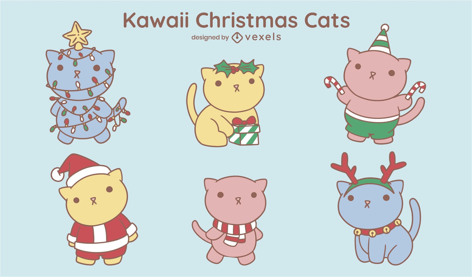 Set kawaii gato con adornos navideños
