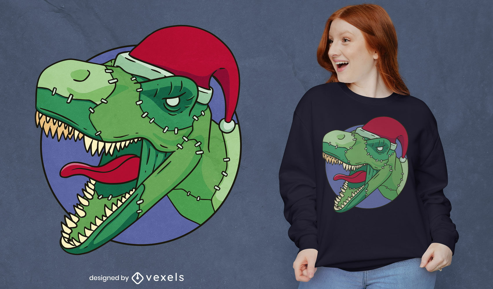 Diseño de camiseta de dinosaurio t-rex navideño.