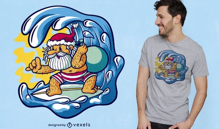 Diseño de camiseta navideña de Santa Claus surfeando