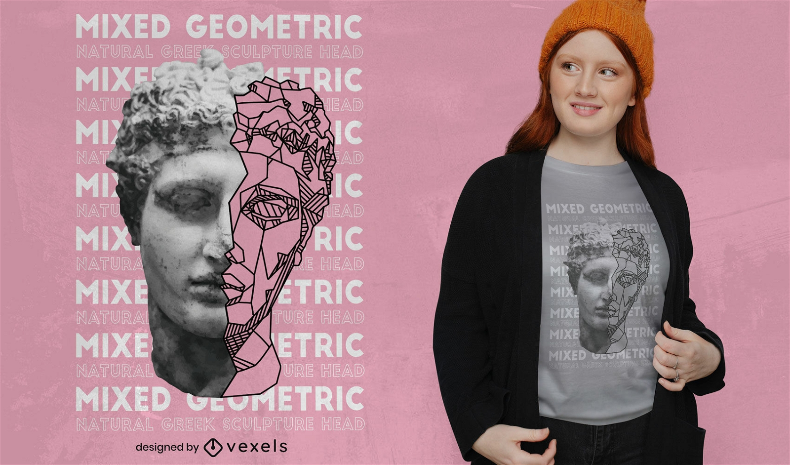 Desenho geométrico de t-shirt com cabeça de estátua
