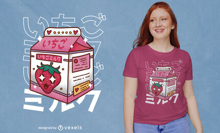 Design de camiseta de bebida de leite com morango Kawaii