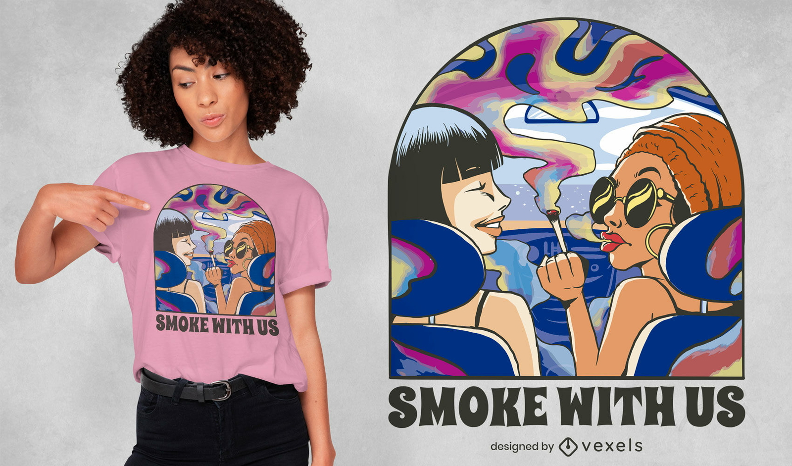 Mulheres fumando design de camiseta com fumaça trippy