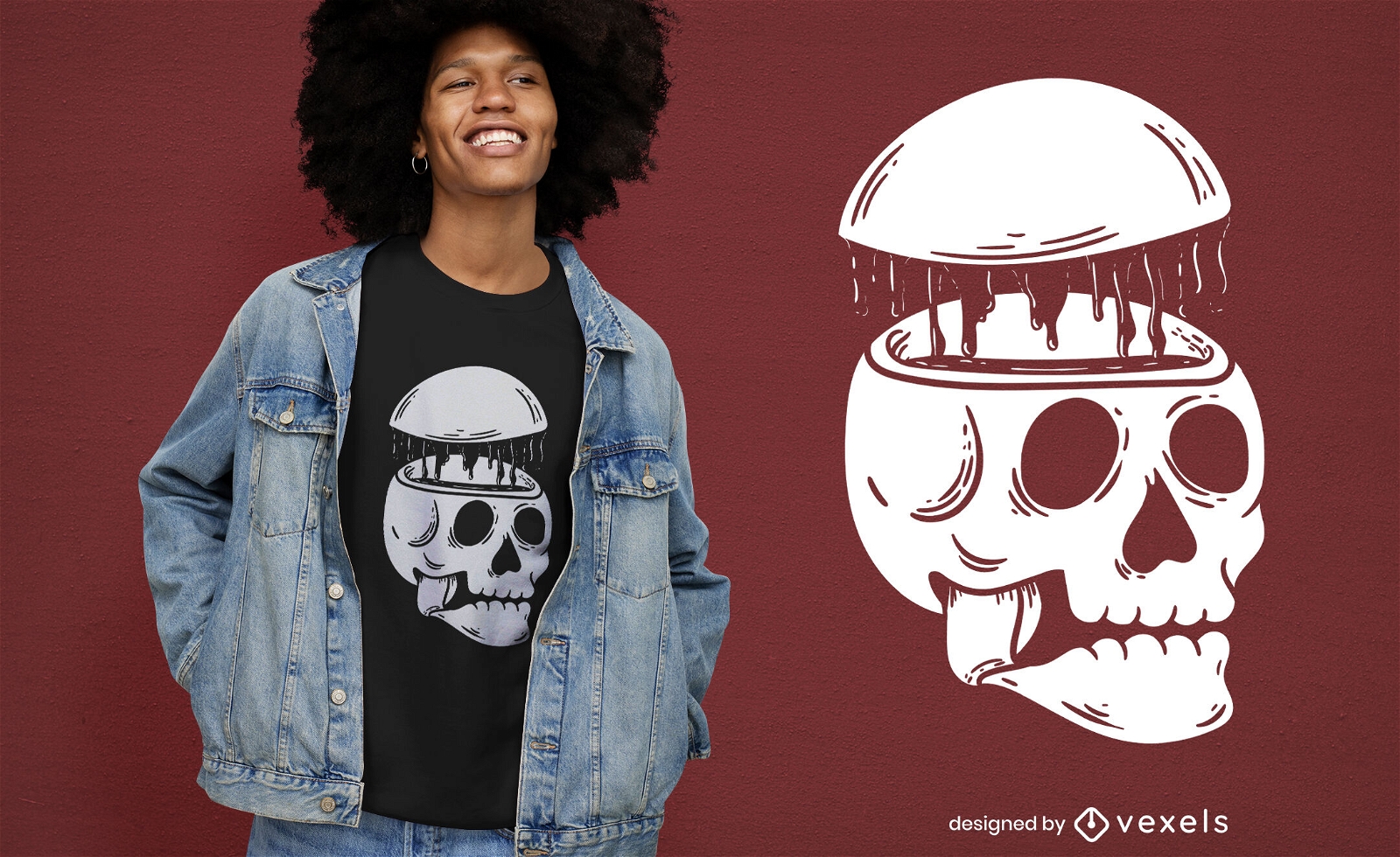 Gruseliges T-Shirt-Design mit Skelett-Kopfspalten