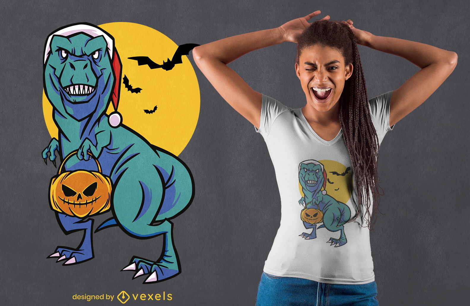 Christmas and Halloween t-rex t-shirt design