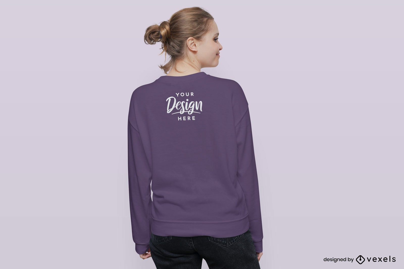 Woman backwards in solid background sweater mockup
