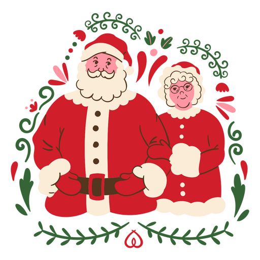 Weihnachtsmann und Frau Noel flach mit Blumen PNG-Design