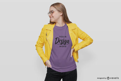 Blonde woman in glasses t-shirt mockup