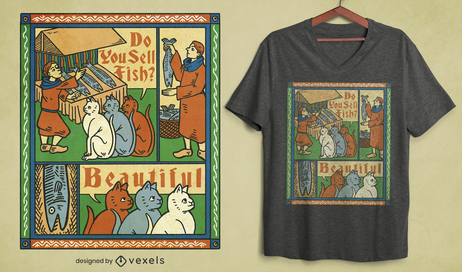 Mittelalterliche Katze Tiermalerei T-Shirt PSD