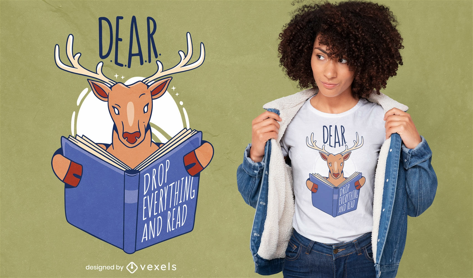 Desenho de t-shirt de livro de leitura de animal de cervo