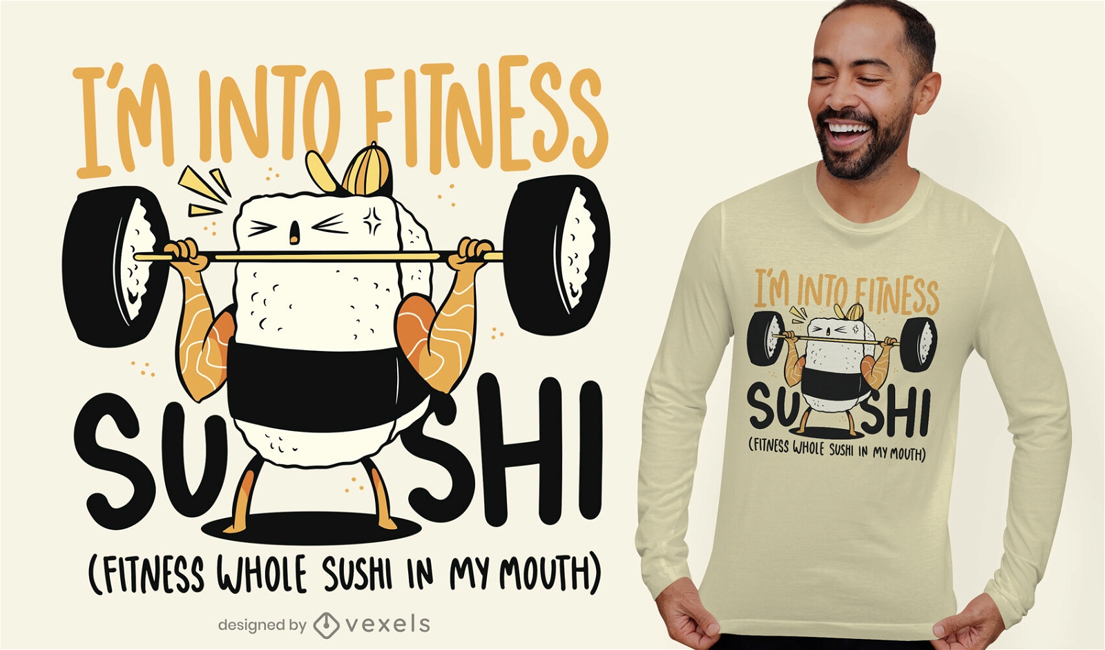 Diseño de camiseta de levantamiento de pesas de comida de sushi.