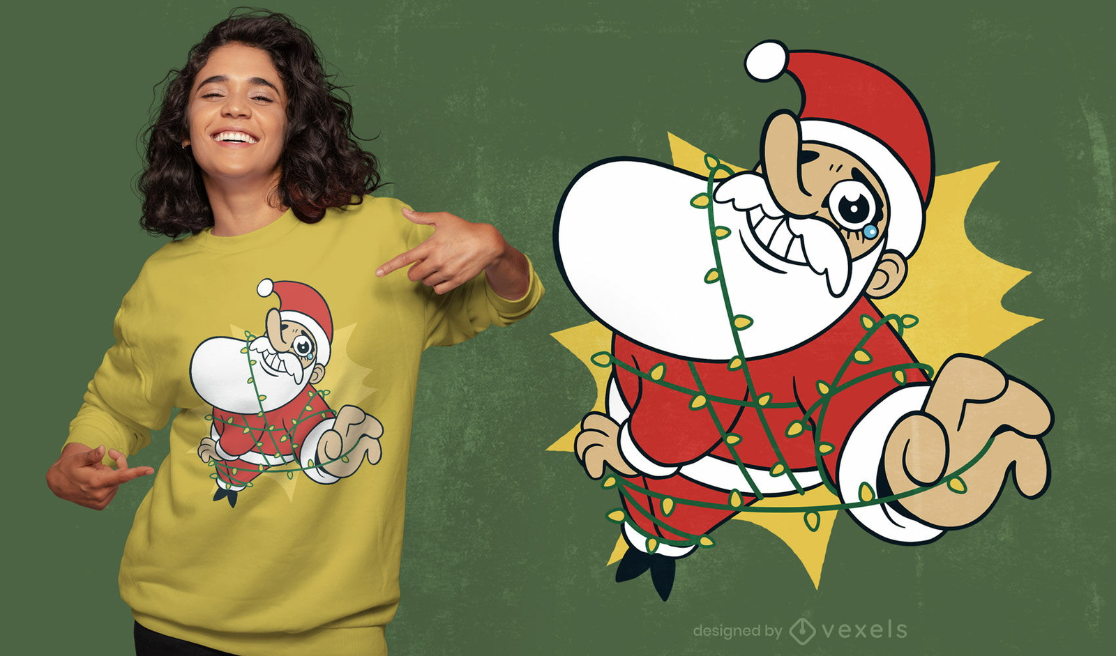 Santa Claus en diseño de camiseta de luces navideñas.