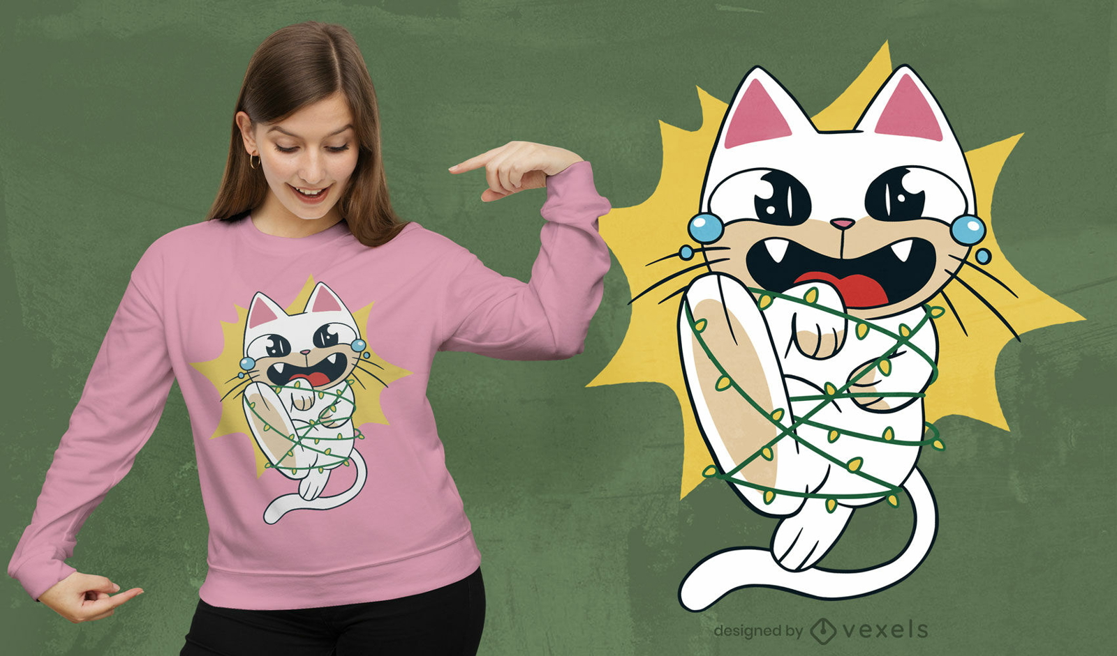 Katze im T-Shirt-Design mit Weihnachtsbeleuchtung verheddert