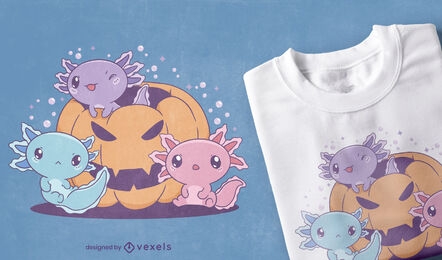 Axolotls with halloween pumpkin t-shirt design