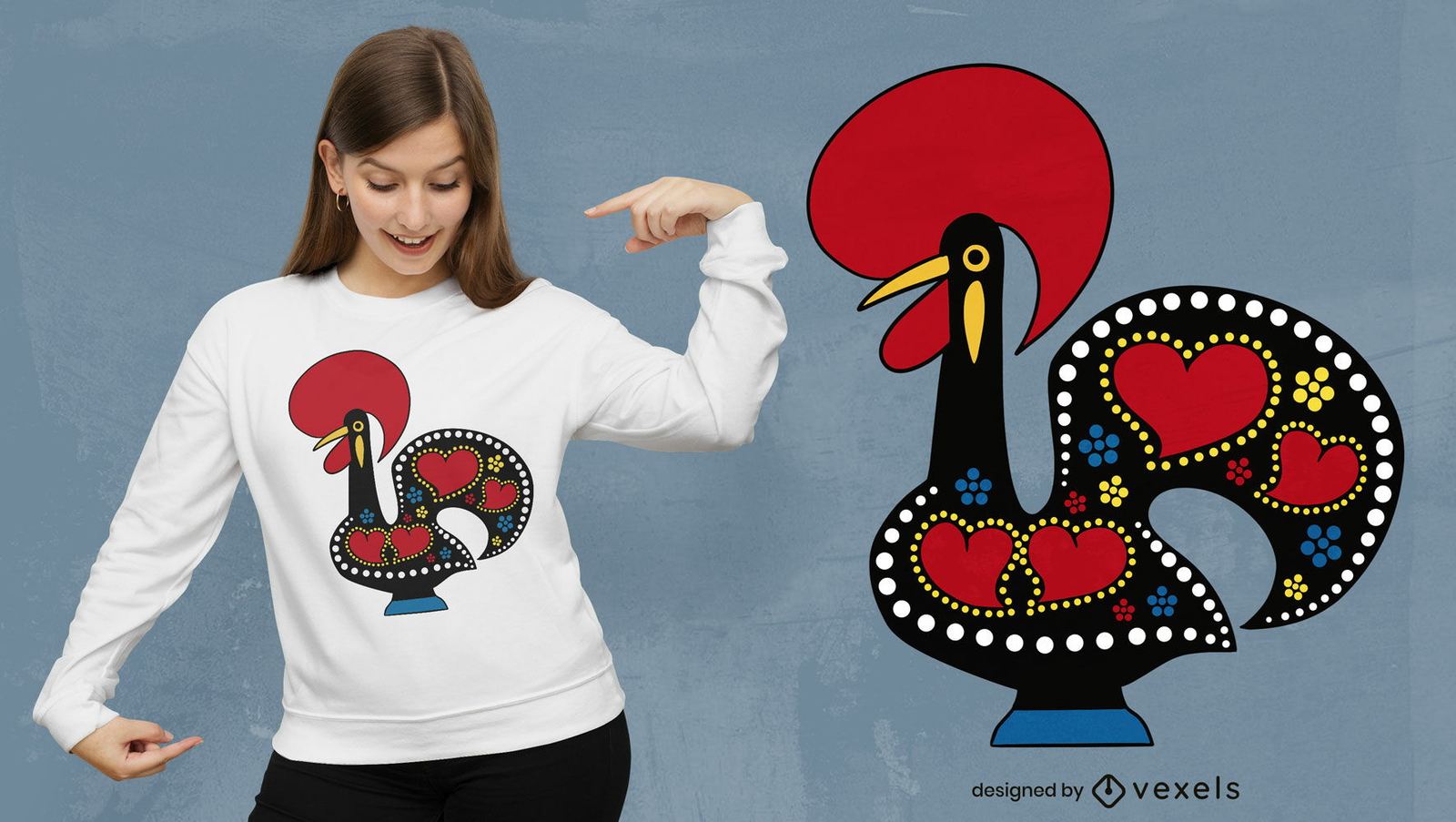 Diseño de camiseta de decoración de animales de gallo.