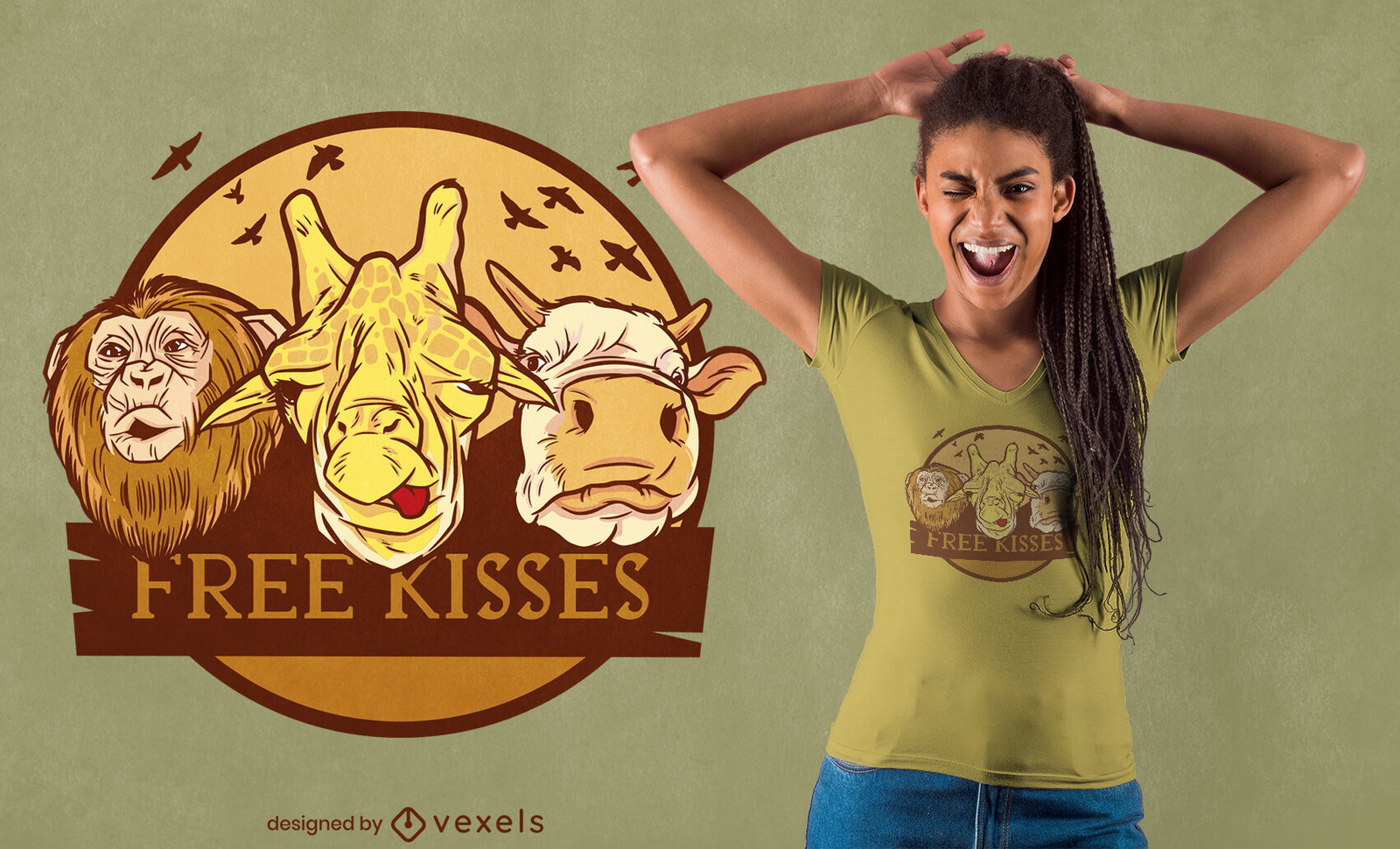 Diseño de camiseta con insignia de cabezas de animales salvajes.