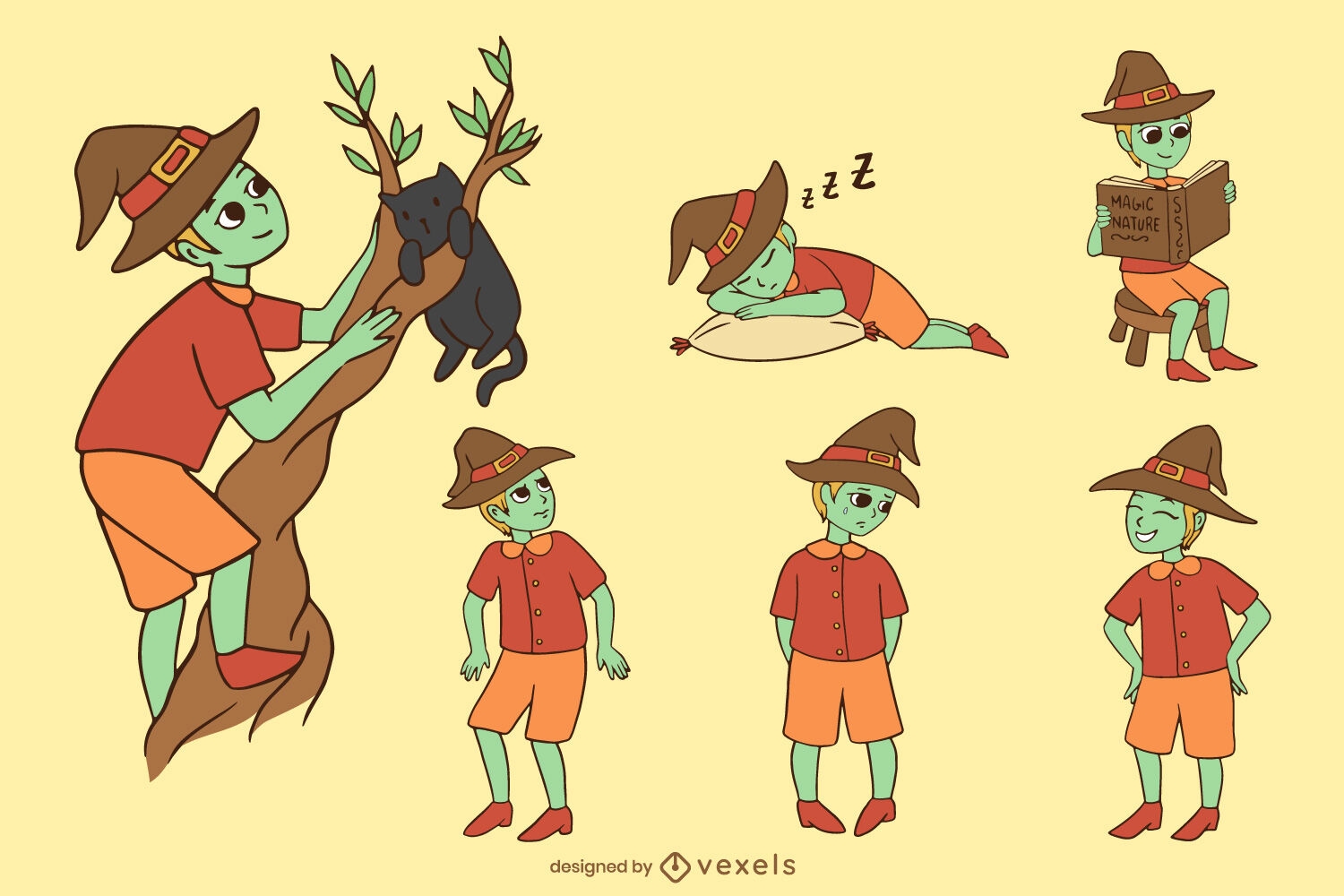 Conjunto de caracteres de menino feiticeiro com pele verde