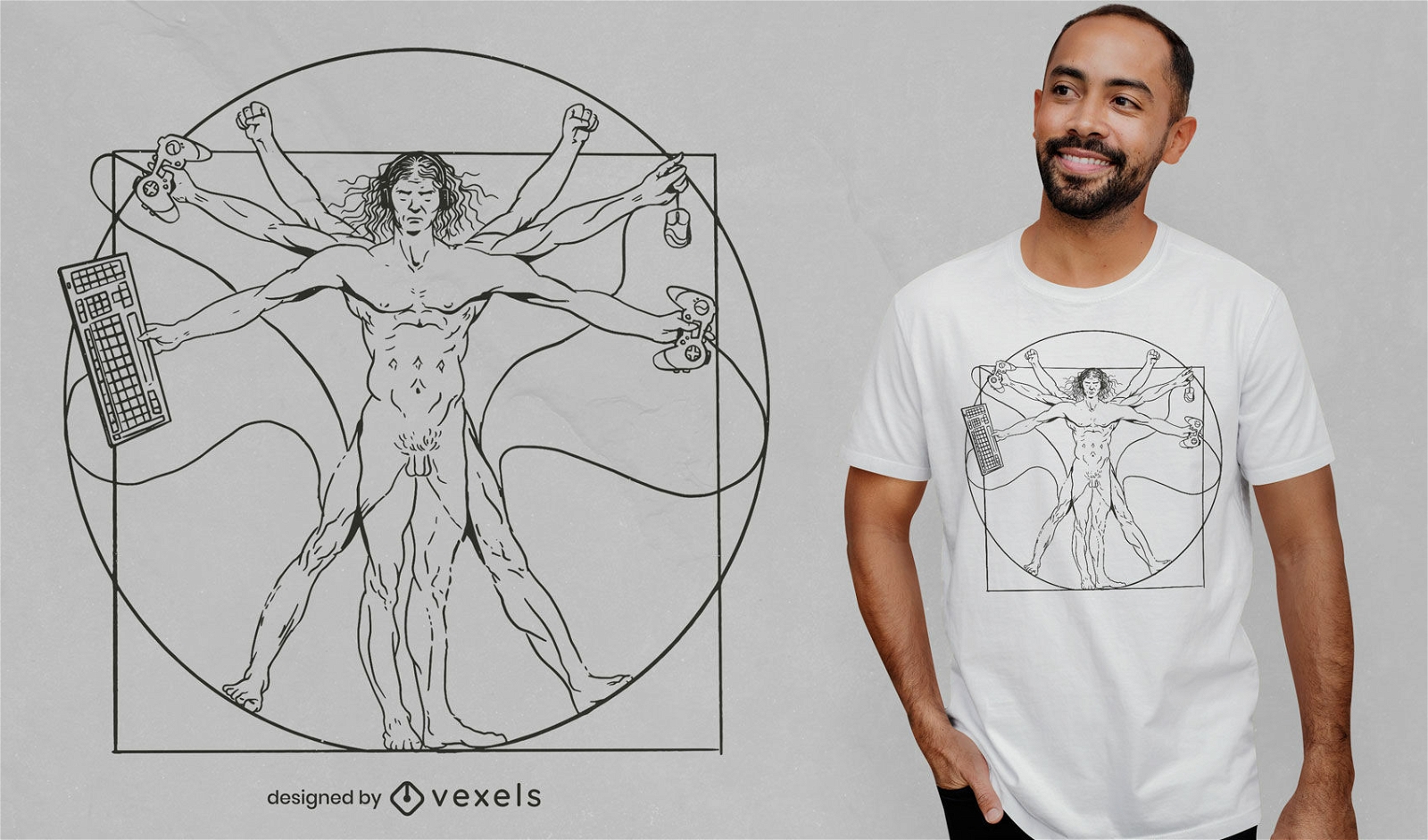 Vitrubian man playing videogames t-shirt design
