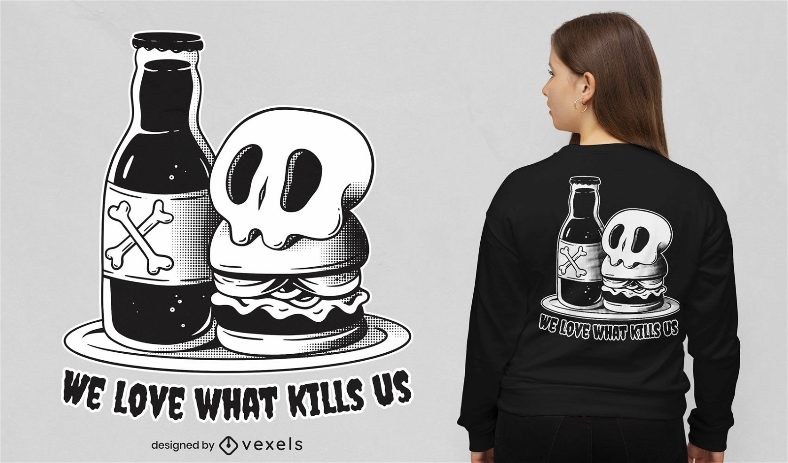 Diseño de camiseta de calavera hamburguesa y cerveza.