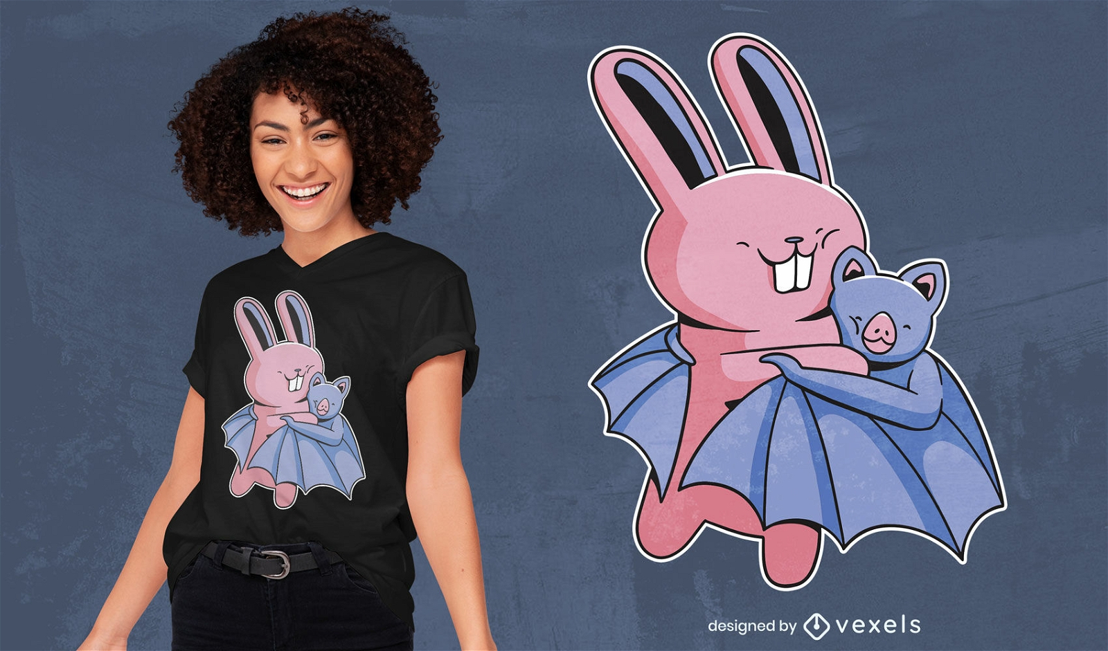 Diseño de camiseta lindo conejo abrazando murciélago