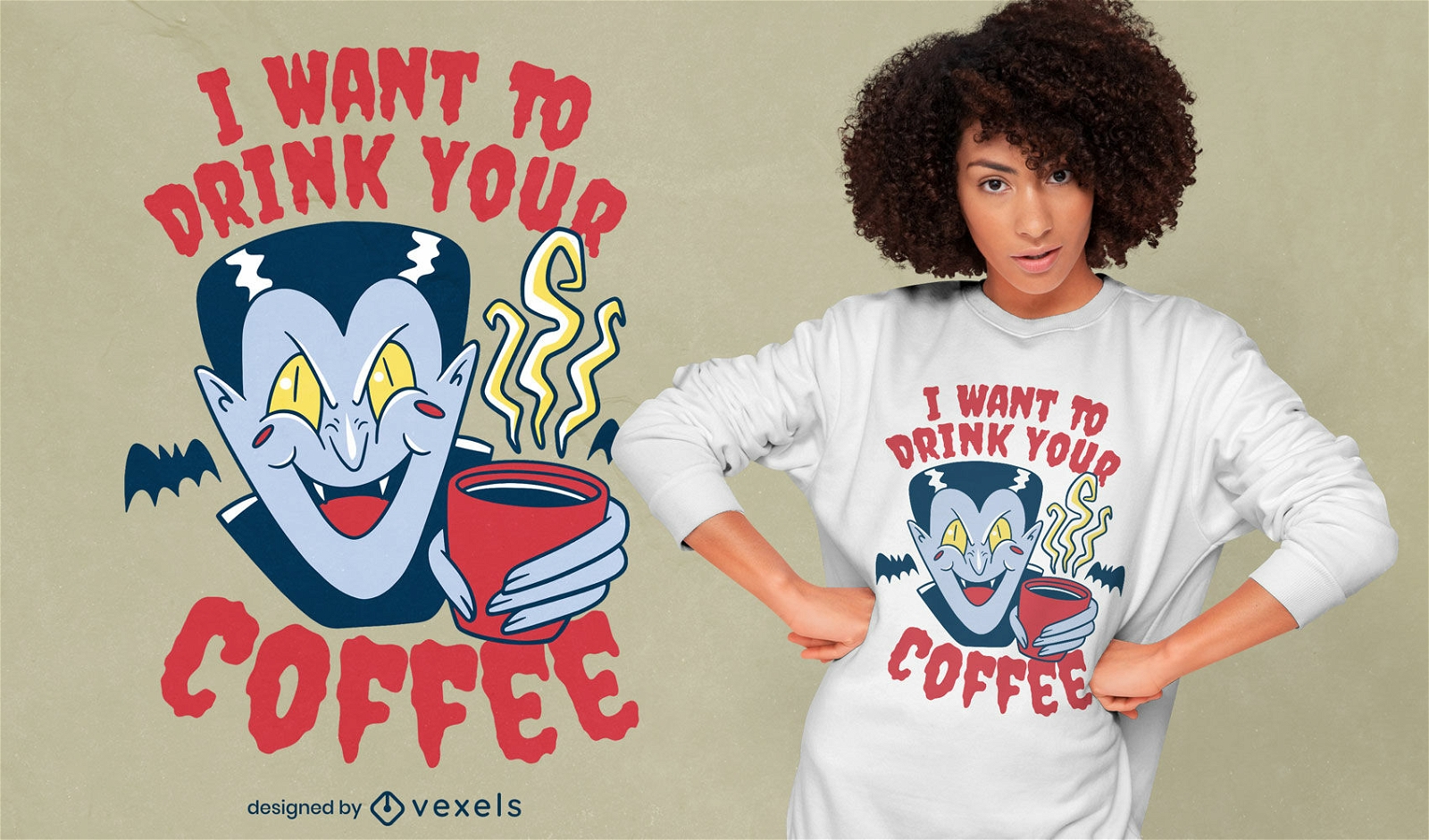 Diseño de camiseta de vampiro de café fresco
