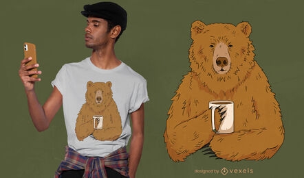 Desenho de camiseta com ilustração de urso bebendo café