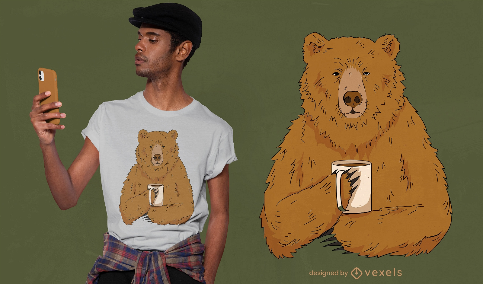 Desenho de camiseta com ilustra??o de urso bebendo caf?