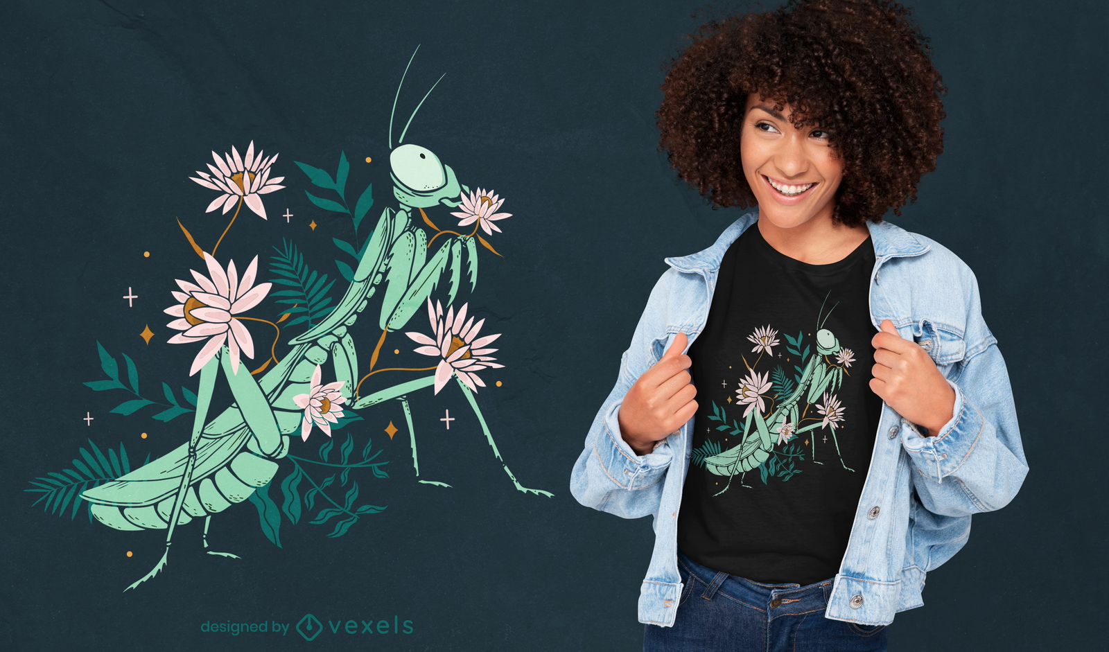 Precioso diseño de camiseta de mantis floral.