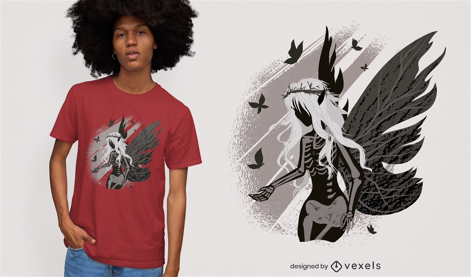 Design de t-shirt de fantasia de fada com esqueleto escuro