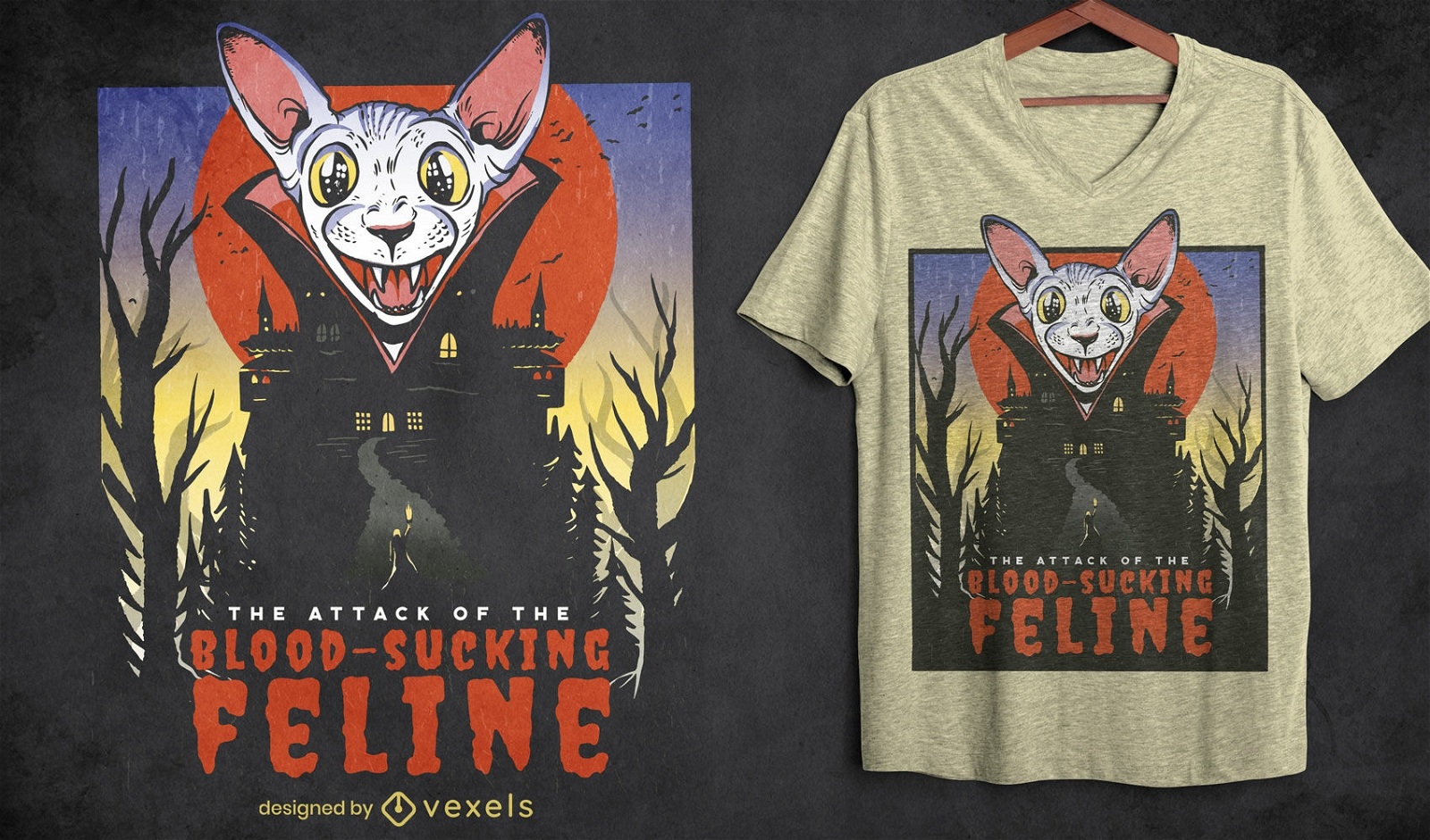 Design fixe de t-shirt de gato vampiro