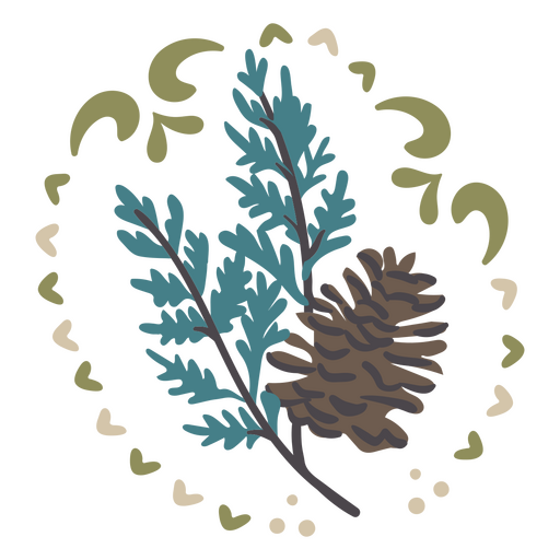 Solsticio de cono de pino plano y hierbas coloridas. Diseño PNG