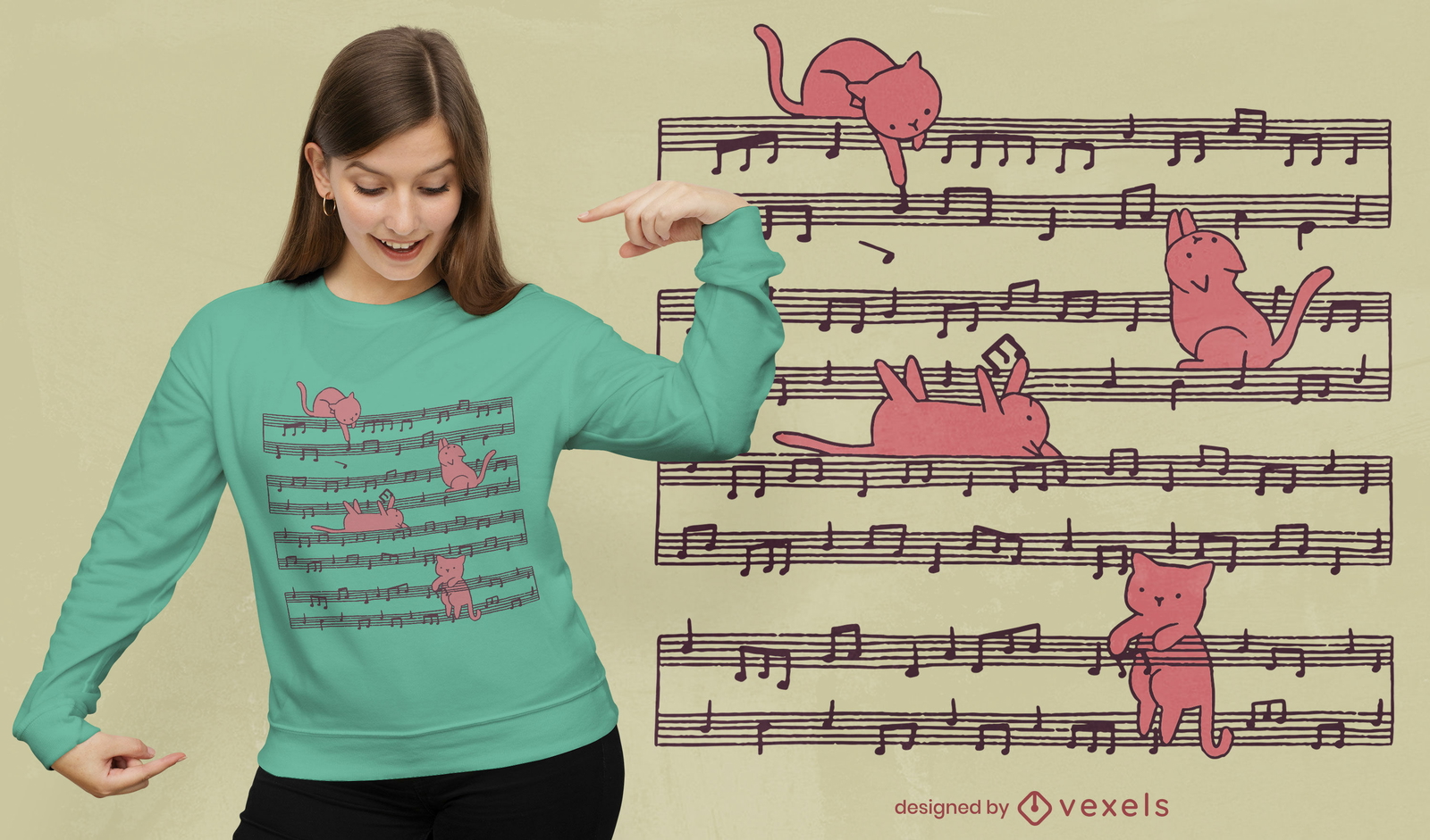 Design de camiseta de gatos de partitura de música fofo