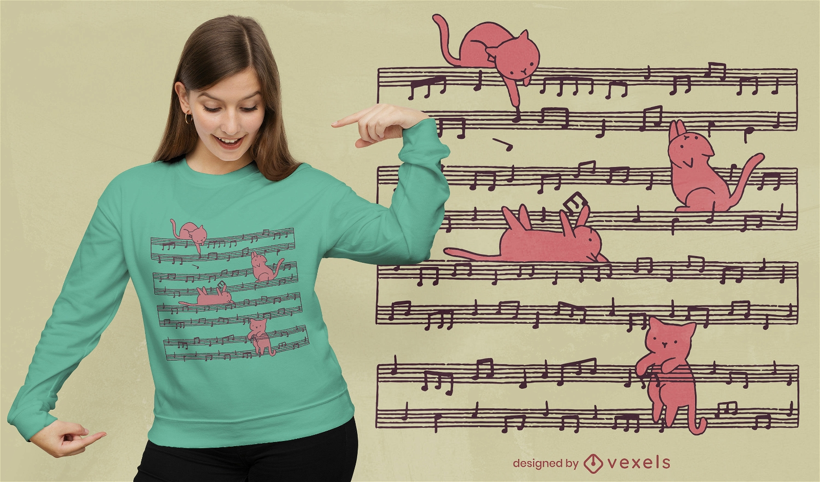 Diseño lindo de la camiseta de los gatos de la hoja de música