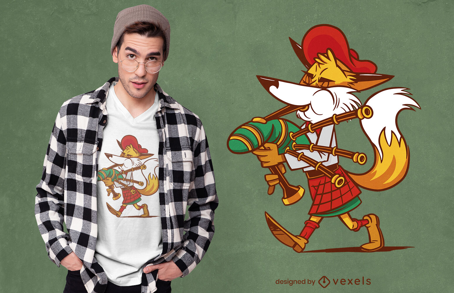 Scottish fox playing bagpipes t-shirt design