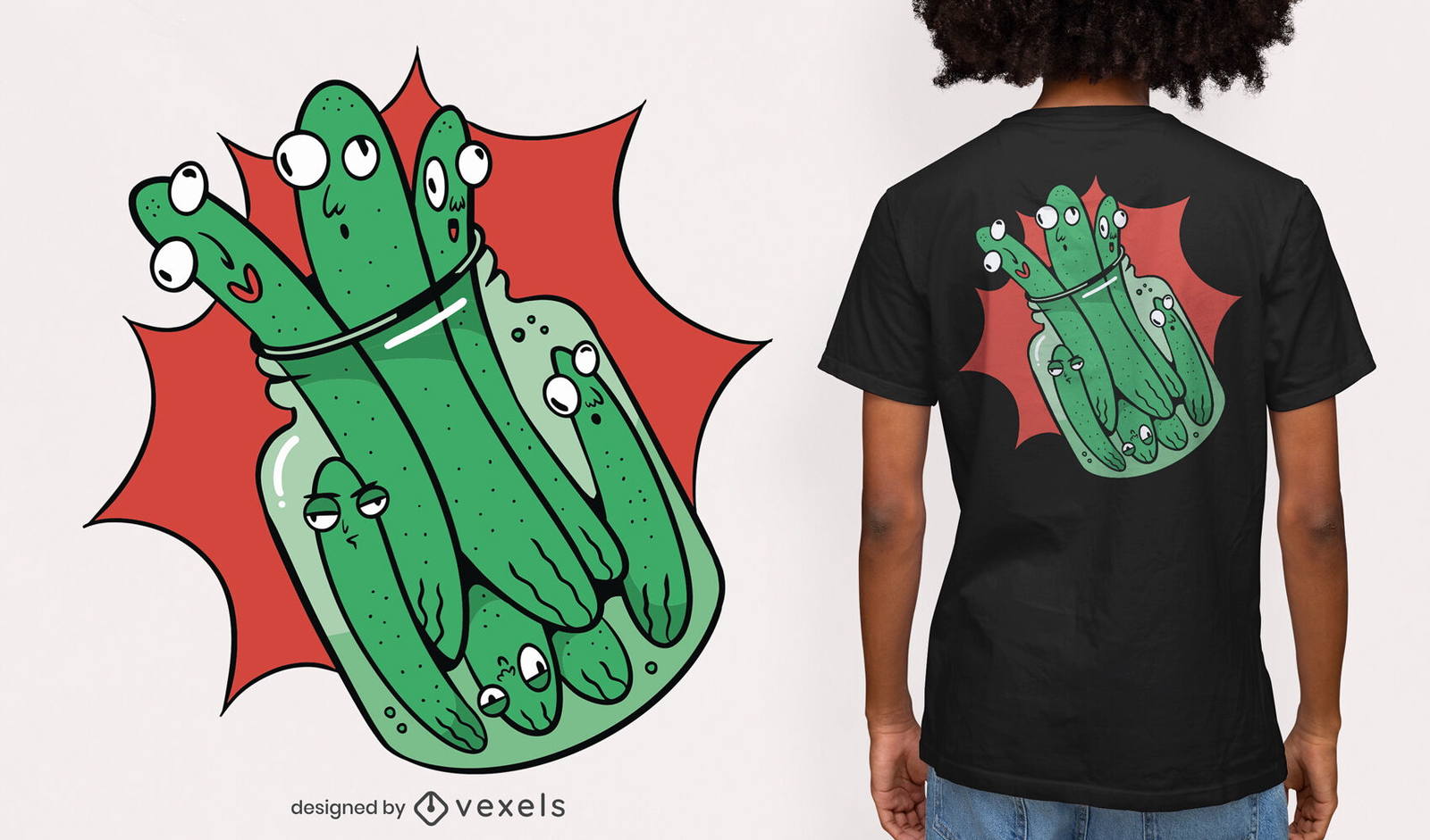 Diseño de camiseta de dibujos animados de pepinillos dentro de tarro