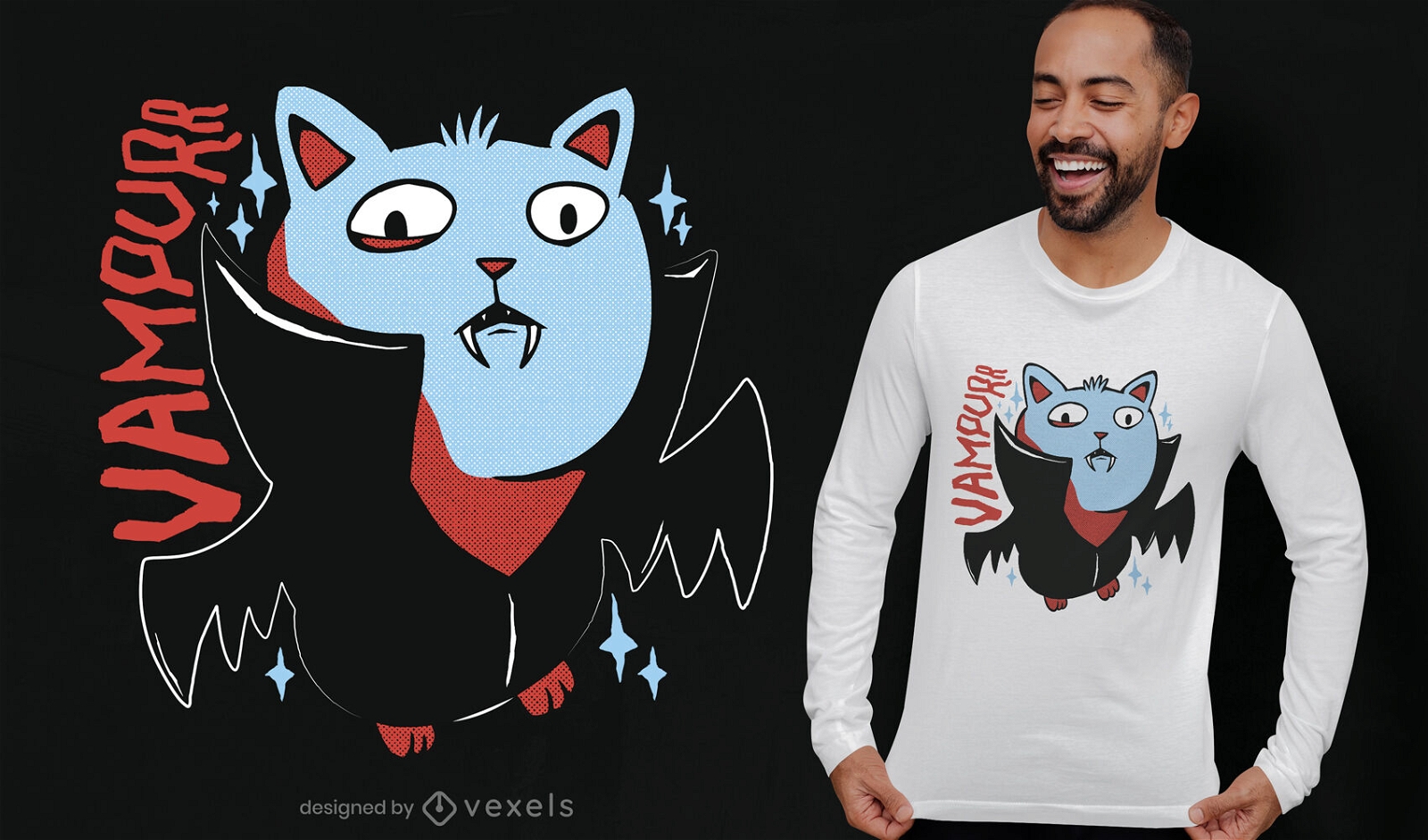 Diseño de camiseta de vampiro gato animal halloween