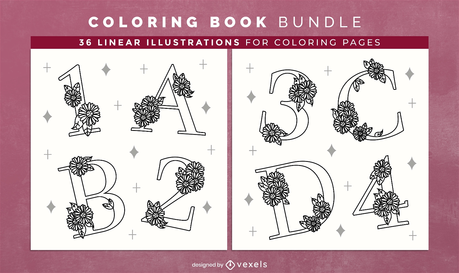 Páginas de desenho de livro para colorir com alfabeto floral