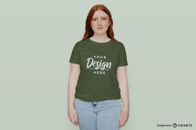 Redhead girl in jeans t-shirt mockup