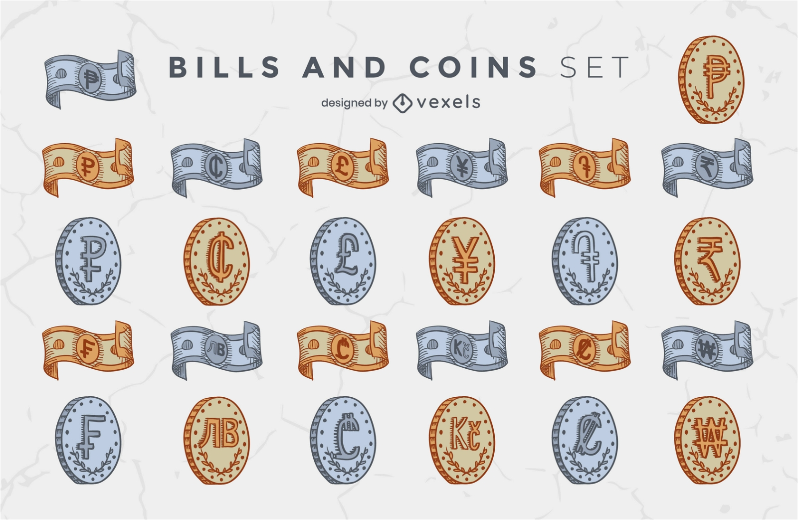Cool bills and coins illustration set